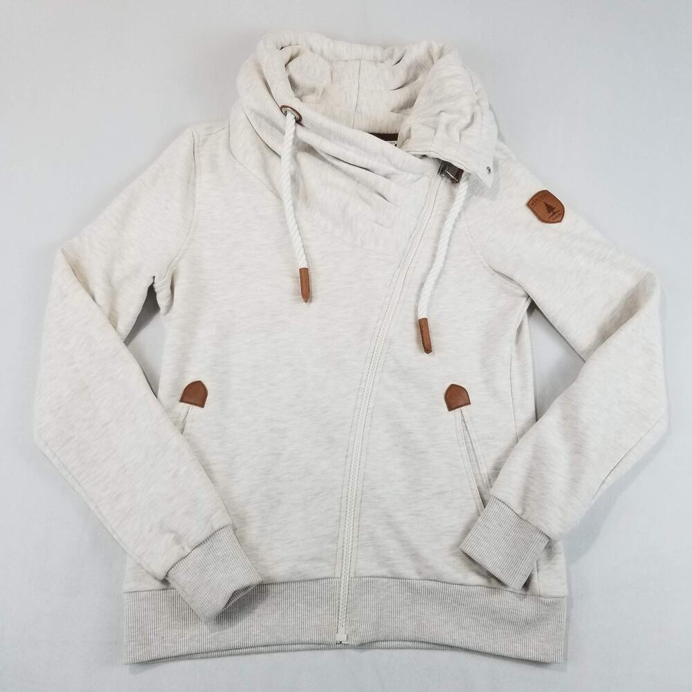 Wanakome Sweatshirt Womens Medium Beige Hettie Asymmetrical Zip Cowl Neck Fleece